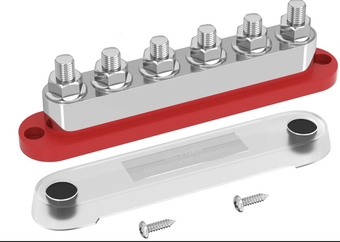 Bus Bar + Cover 6 x M10 48V DC 300V AC 600A Red - CABLESmart